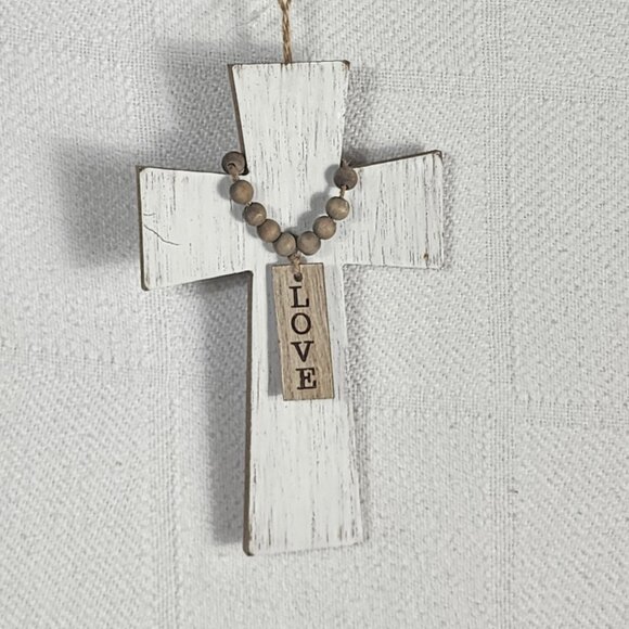 Rustic Whitewash Embossed Particle Board Beaded Faux Wood Love Sign on 8" Cross - Picture 7 of 16